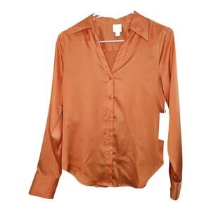 NEW Worthington Women's Satin Button Down Blouse Orange Long Sleeve XS